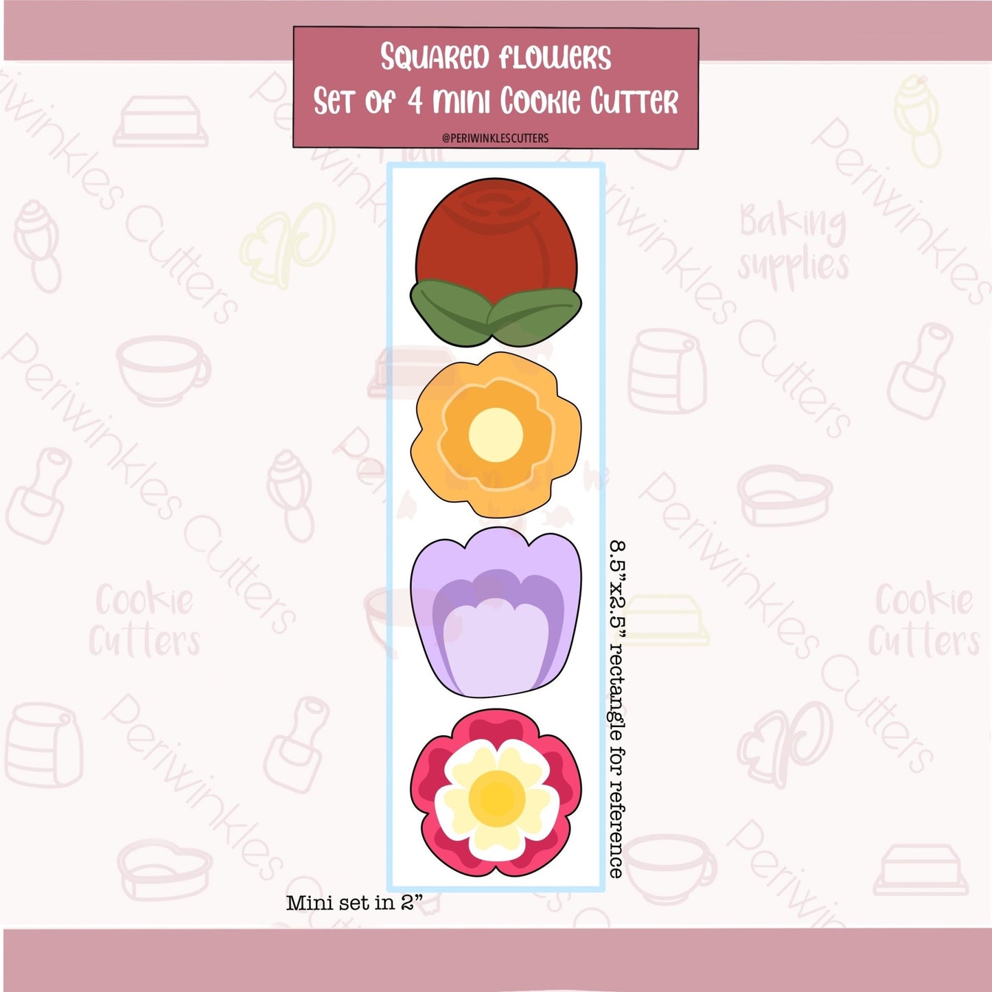 Squared Flowers Set of 4 Mini Cookie Cutter - Periwinkles Cutters Cookie Cutter