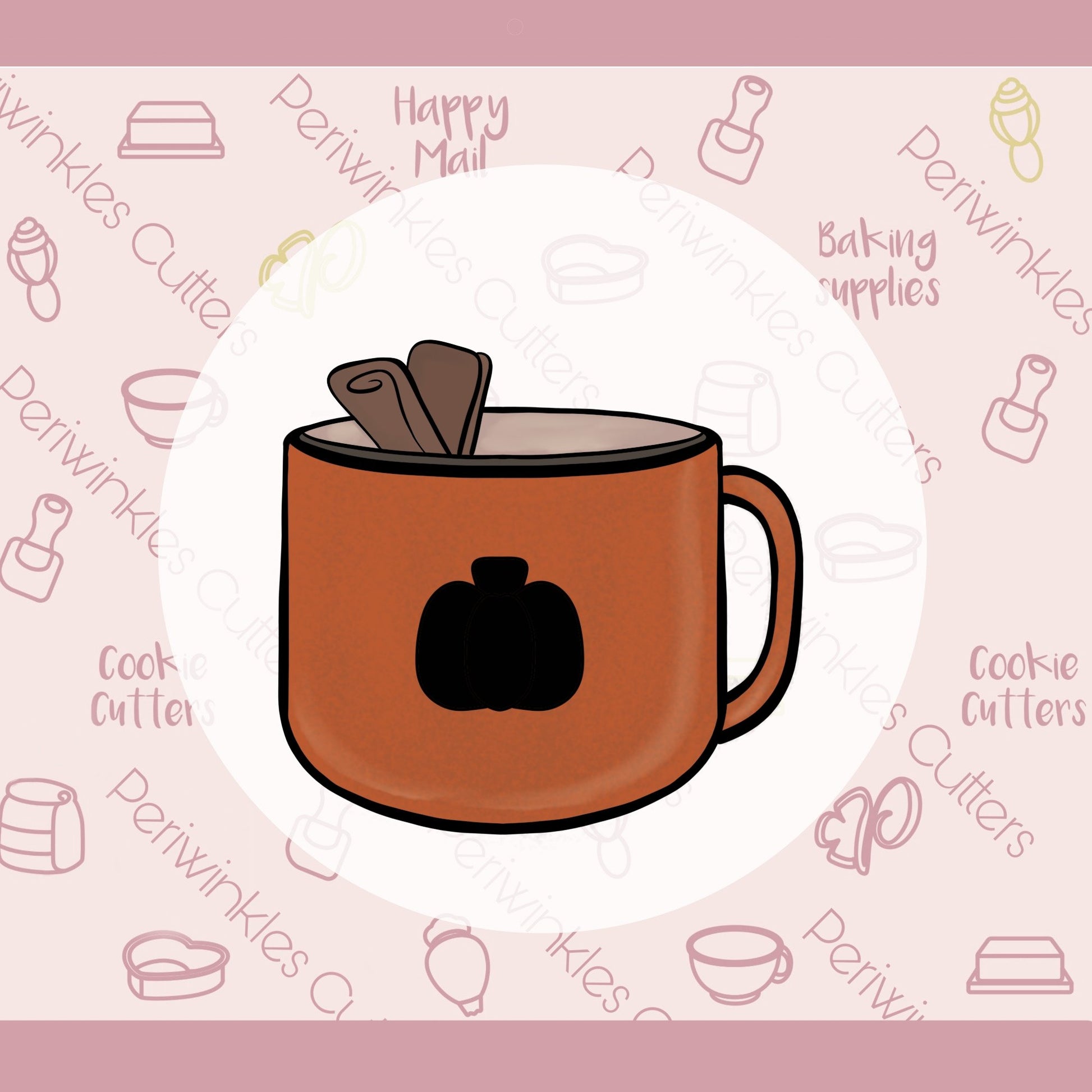Enamel Mug with Cinnamon Sticks and Cut out Pumpkin Cookie Cutter - Periwinkles Cutters