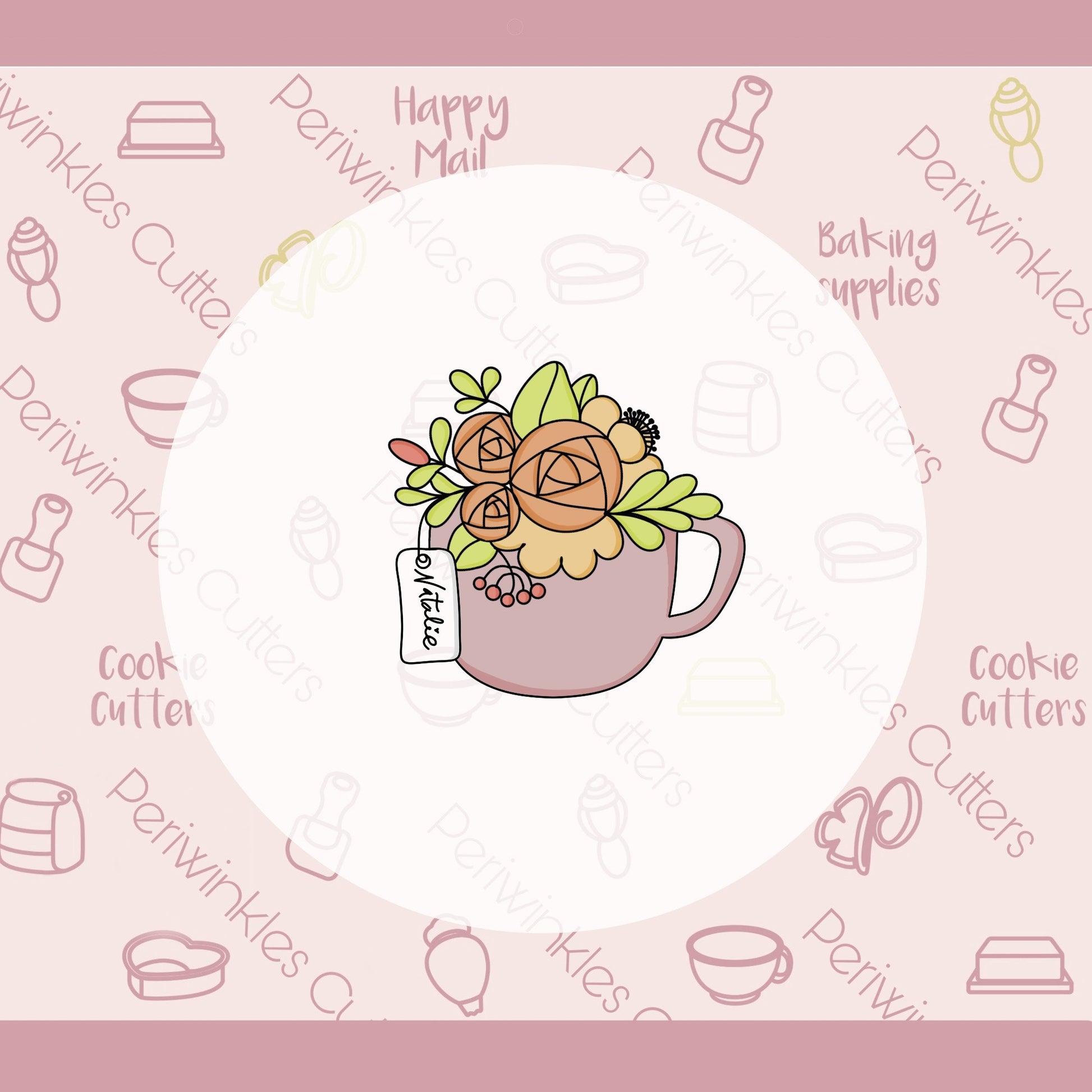 Floral Cup with Tag Cookie Cutter - Periwinkles Cutters