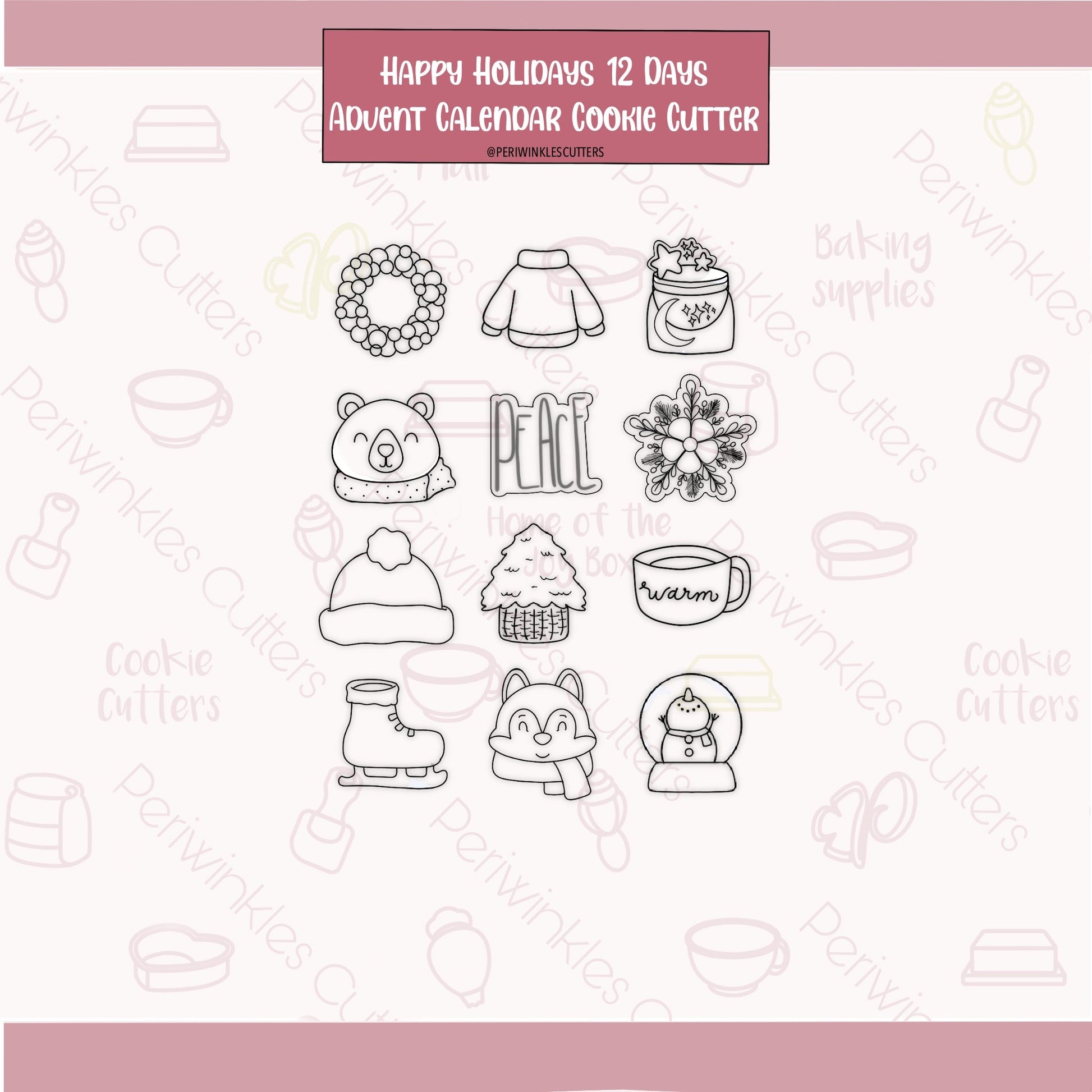 Happy Holidays 12 Mini Advent Calendar Cookie Cutters - Periwinkles Cutters
