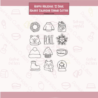 Happy Holidays 12 Mini Advent Calendar Cookie Cutters - Periwinkles Cutters