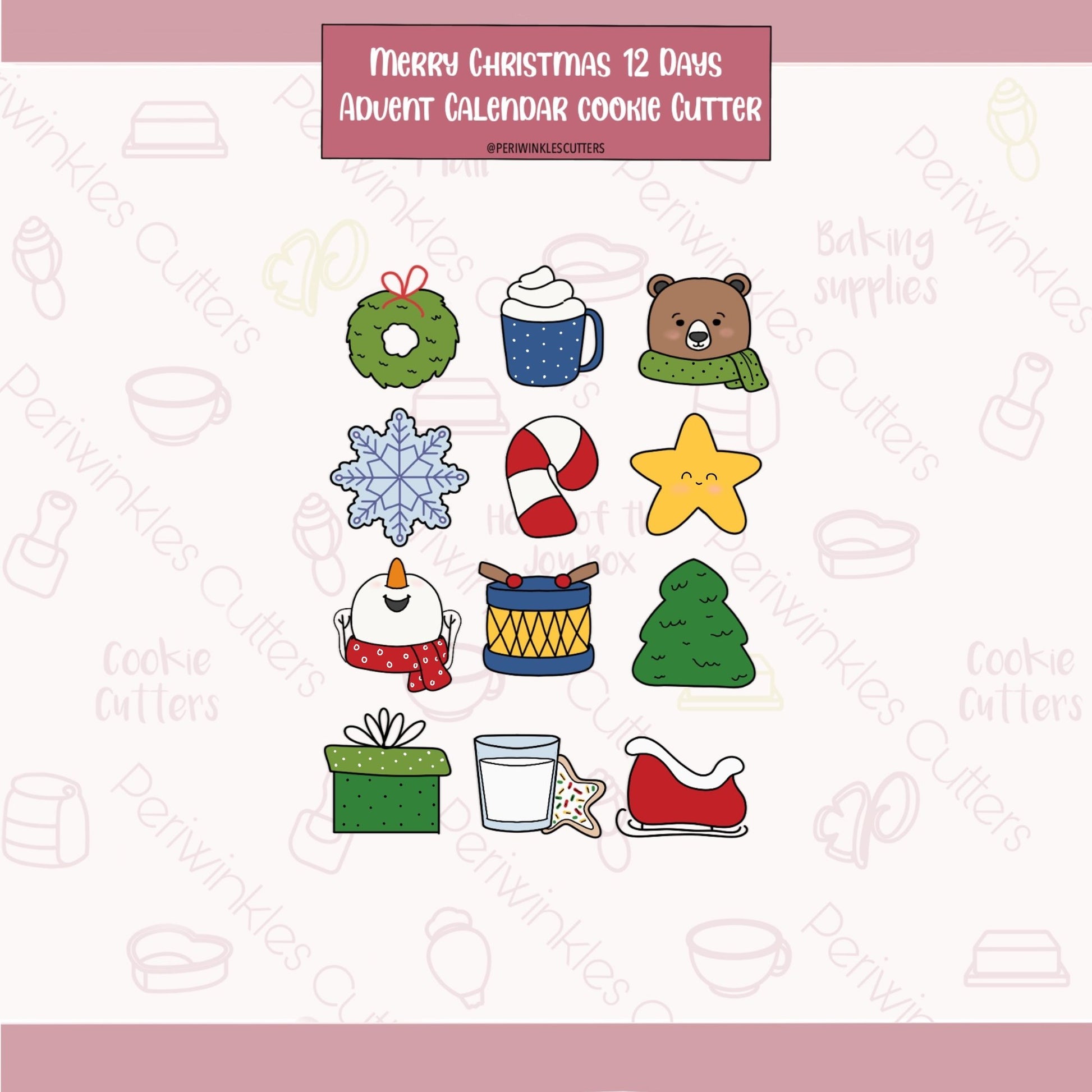 Merry Christmas 12 Mini Advent Calendar Cookie Cutters - Periwinkles Cutters