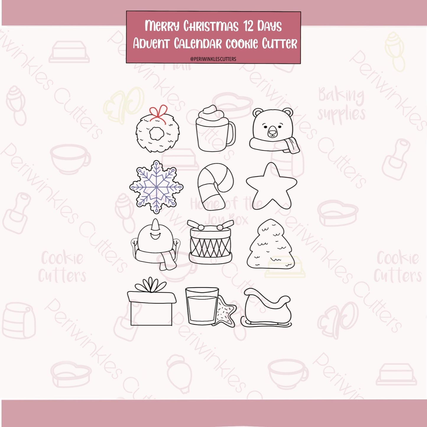 Merry Christmas 12 Mini Advent Calendar Cookie Cutters - Periwinkles Cutters