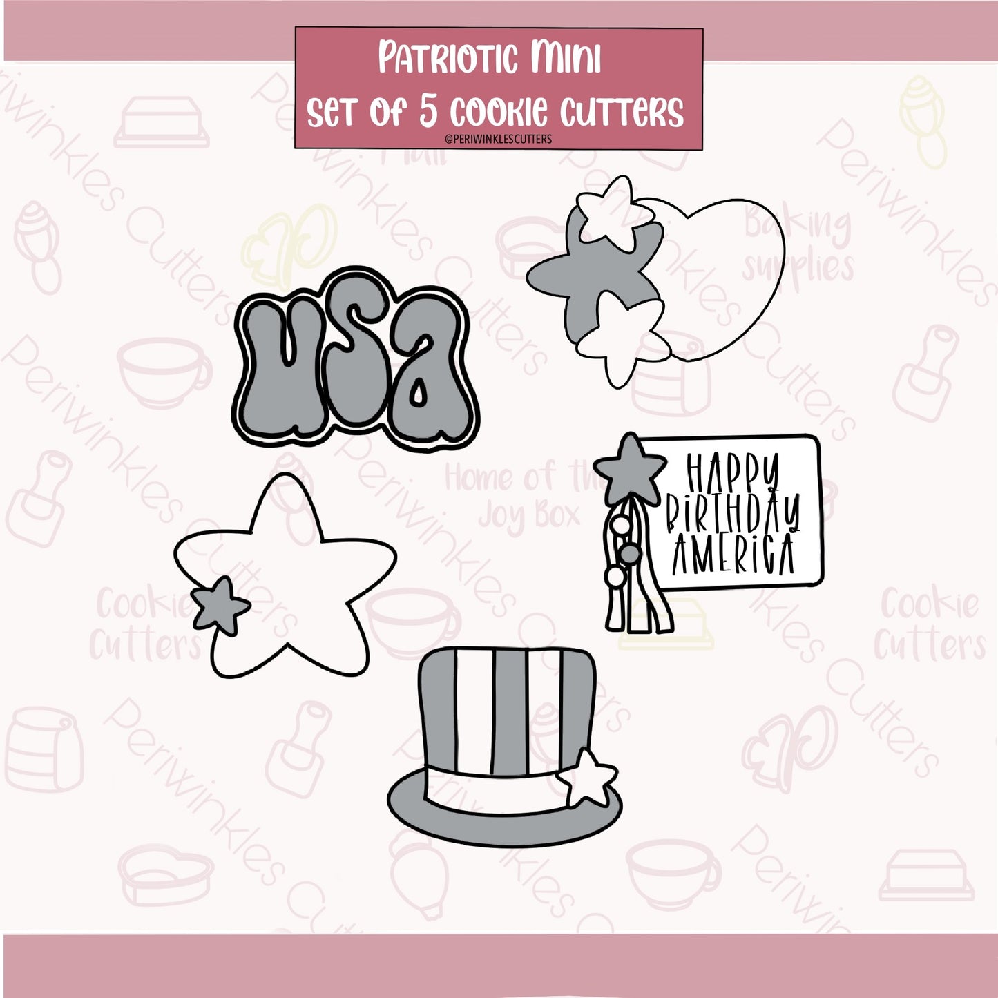 Patriotic Mini Set of 5 Cookie Cutter - Periwinkles Cutters