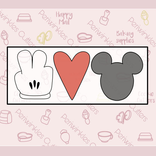 Peace Love and Mouse 3 Pieces Set Cookie Cutter - Periwinkles Cutters